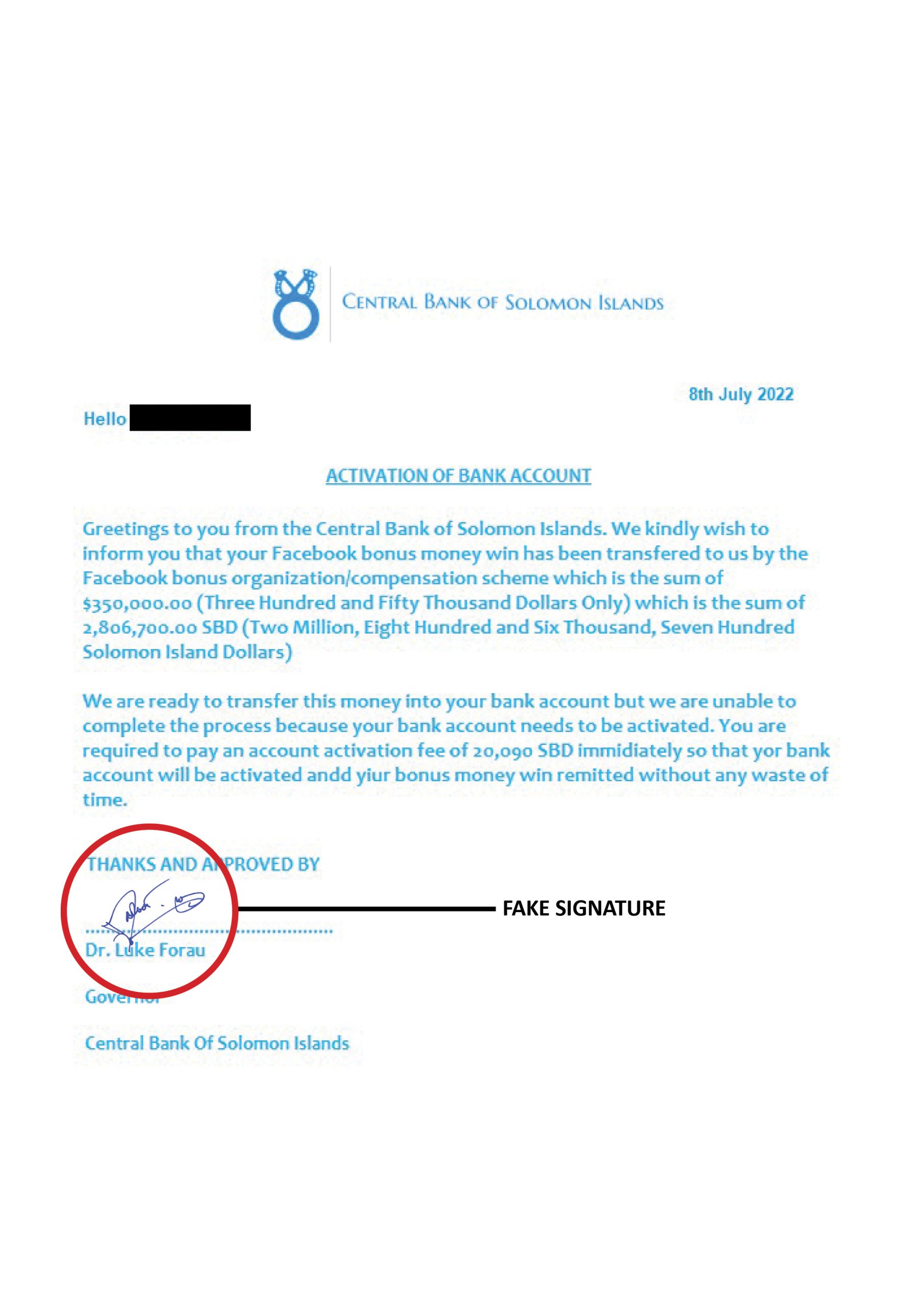 Scam Email with fake signatures and fake letterheads_11.07.2022